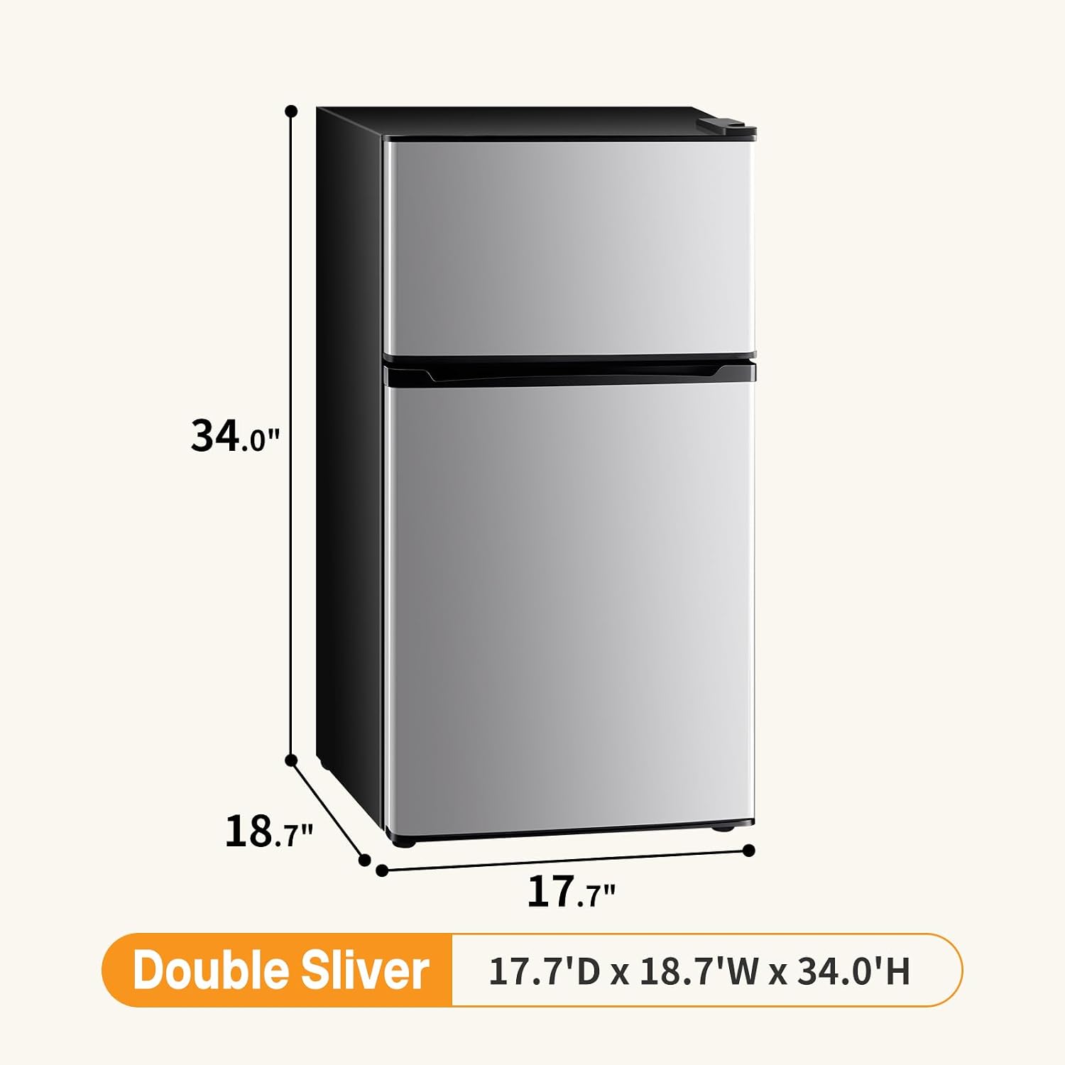 Interior view of the mini fridge showing freezer, refrigerator, and beverage compartments