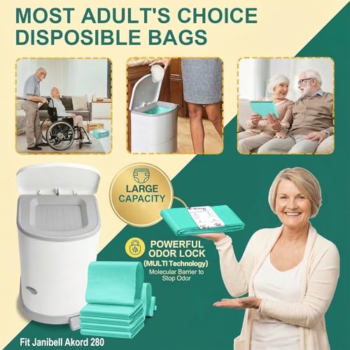 Image of 8 Pack Adult Diaper Liner Refills,Diaper Pail Refill Bags Compatible with Janibell Akord 280 Slim Model Adult Diaper Disposal System Powerful Odor Resistant,Plant Scent (NOT Compatible with 330 Pail)