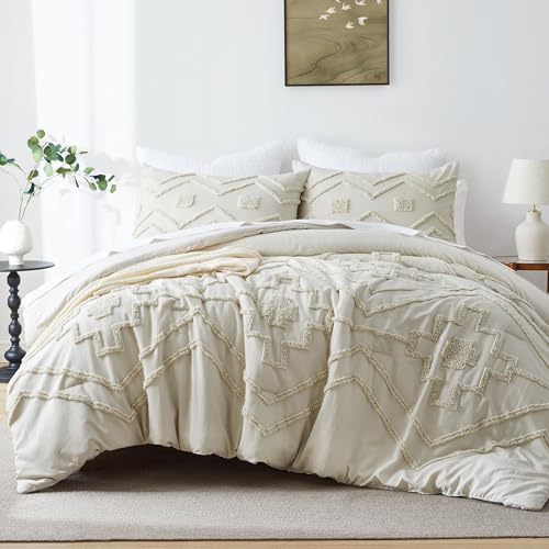 Oli Anderson Boho Tufted Comforter Set King Size, 3 Pcs Soft Jacquard Bedding Set for All Seasons, Shabby Chic Farmhouse Bedding Set with Comforters f
