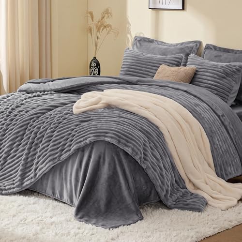 EXQ Home Twin Fluffy Comforter Set, 5 Pieces Bed in a Bag,Grey