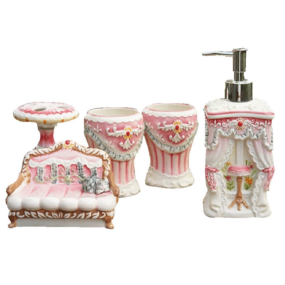DSMYYXGS 5 Piezas Juego de Accesorios for Baño Cerámica Grabado Estilo Princesa Rosa Conjunto - Porta Cepillos de Dientes, Jabonera, Dispensador de Jabón, Vaso for Enjuague Bucal