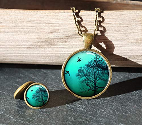 Halskette Vintage Kette Cabochon Ohrstecker Set türkis lang handmade Weihnachtsgeschenk Damen