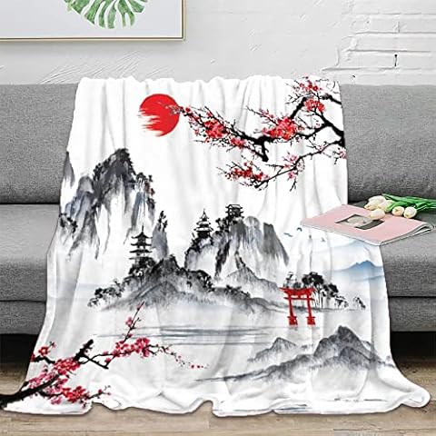 INSFBRB Vintage Watercolor Japanese Style Personalized Throw Blanket,Abstract Ink Japan Landscape Torii Gate Bed Blanket for Sofa Chair Bed Office 40x50inch(100x130cm) Cover