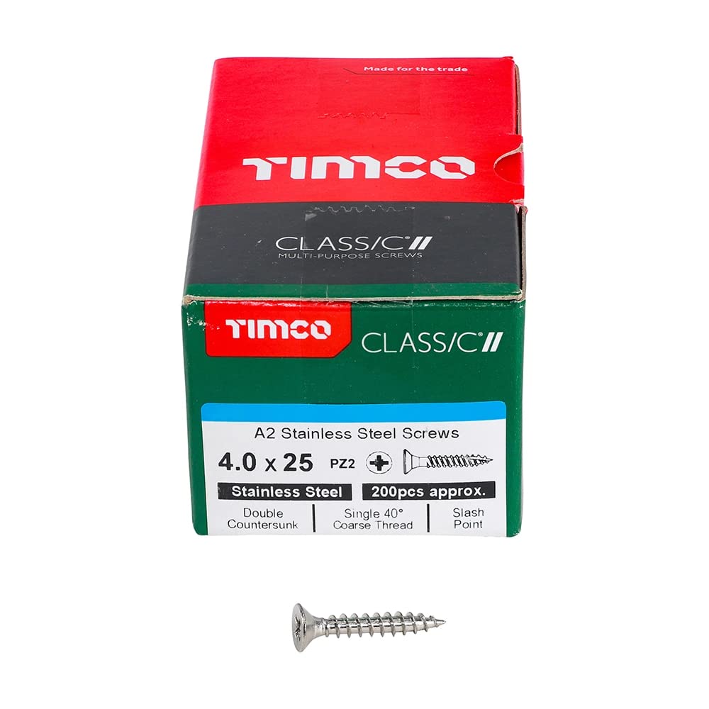 Timco 40025Class Classic Multi Purpose Screw Pz2 Csk A2 S/S 4.0 X 25Mm Box Of 200
