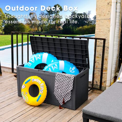 BLUU 100 Gallon Outdoor Storage Box Deck Bench with Cushion for Outdoor Pillows, Pool Toys, Garden Tools and Sports Equipment | Waterproof Cabinet | Lock Included - Thumbnail 7