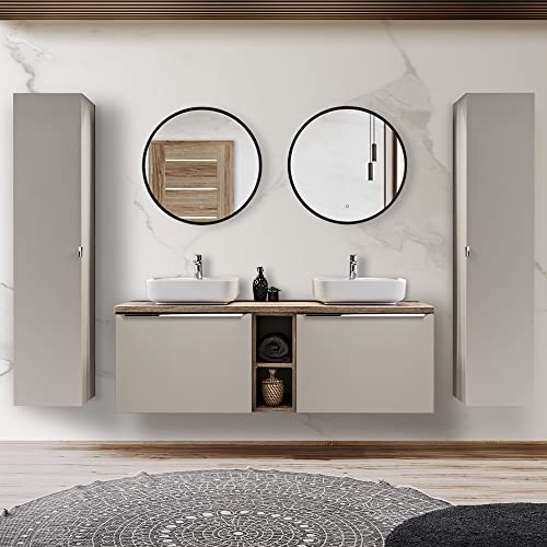 Lomadox Badmöbel Set in aupe mit Vintage Eiche, 140cm Doppel-Waschtisch mit Unterschrank, 2 Keramik Waschbecken, Regal, 2 LED-Spiegel, 2 Hochschränke