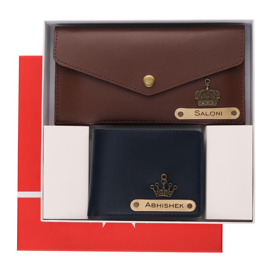 Image of AICA Personalized Name, Charm & Color Couple Wallet for Men & Women Combo Gift Set | Marriage Wedding Anniversary Gift for Couples Friend Husband Wife,Brown