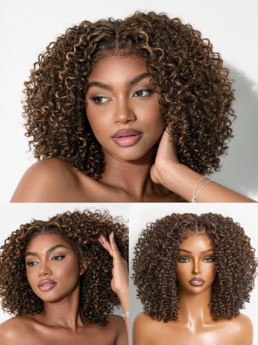Image of Veralux Fiber Blend Human Hair 200% Density Short Curly Wigs for Black Women 13X6 HD Lace Frontal Glueless Wig 12 Inches Highlight Brown Color Ready to Go Headband Wig