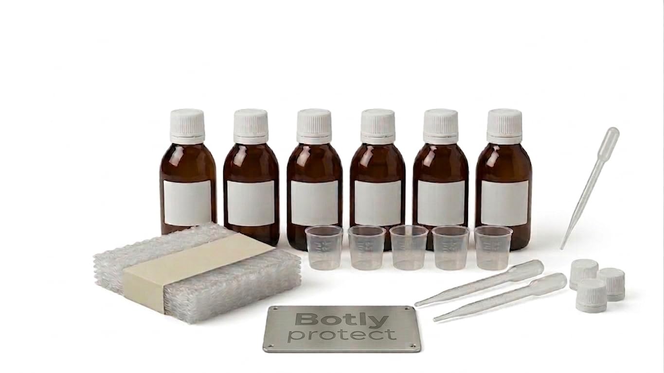 OTLY PROTECT 6x250ml Braunglasflaschen Set – UV-Schutz Glasflaschen inkl. Dispenser, Deckel, Schutzfolien & sterile Pasteurpipetten – Wiederverwendbare Aufbewahrungsbox für Apotheke & DIY