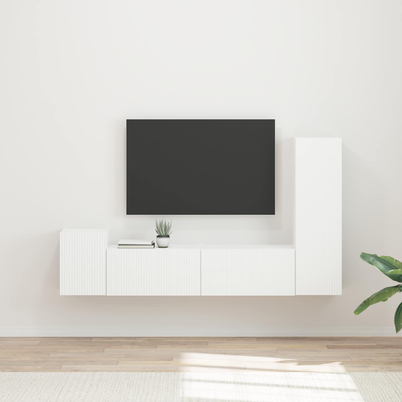 TV-Schrankset Wandmontiert 4-teilig, Weißer Holzwerkstoff, Modernes Media-Center für Wohnzimmer, Platzsparendes Entertainment-Möbel mit Stauraum