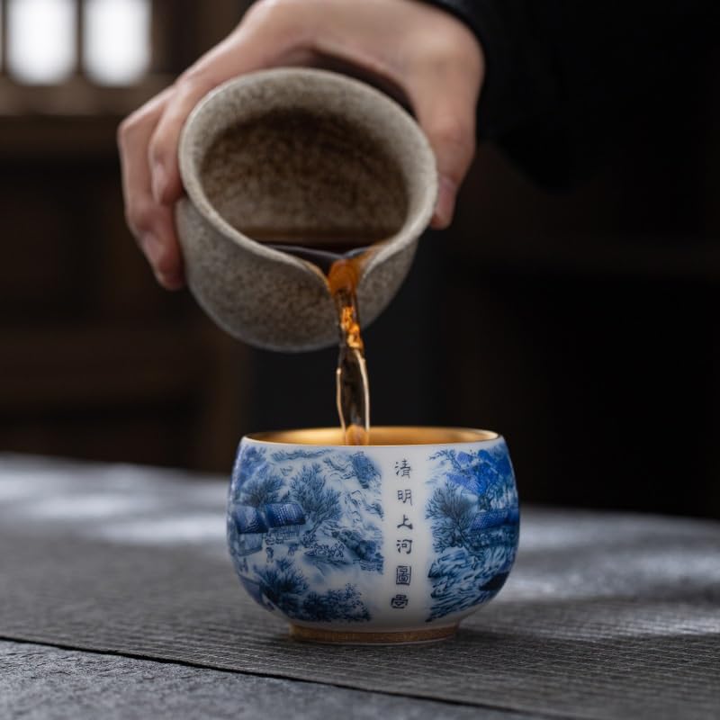 Tazas de té Pequeñas Taza de porcelana azul y blanca del maestro, taza té jadeíta, tazón individual a lo largo río durante el Festival Qingming, juego cerámica, lujo vintage Taza de té de Kungfu