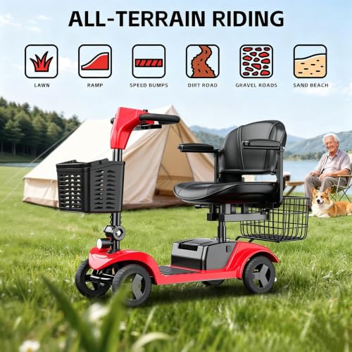 Image of Mobility Scooter,Removable Battery,Suitable for All Terrains-Red | 28 Miles Travel,300 lbs Capacity,Quick-Assembly, Features Rotating Seat,300W Motor,Dual Baskets and Rear Tail Lights