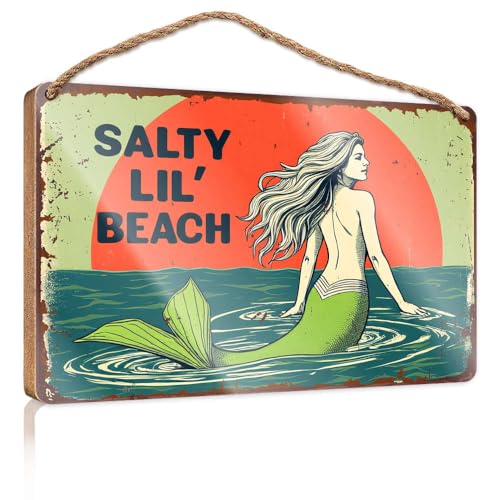 Lustige Wanddekoration für die Küche, Motiv: Salty Lil' Beach, Meerjungfrau, Sonnenuntergang, Holzschild, Jugendzimmer, Dekoration, lustige Küchendekoration