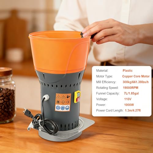 Image of Grain Mill Corn Grinder, 1000W Electric Feed Ginder Mill 7L | Dust-Free Dry Cereals Grinder with Detachable Hopper & 3 Sieves for Wheat Corn Grain Spice Coffee Beans 1.85 Gallons