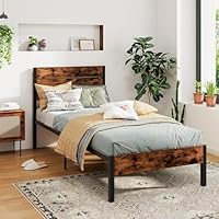 COSTWAY Single/Double Bed Frame, 3FT/4FT6 Industrial Metal Platform Bed Frame with Wood Headboard & Underbed Storage, Metal Slats Support Bedstead Base Mattress Foundation, Rustic Brown (3FT Single)
