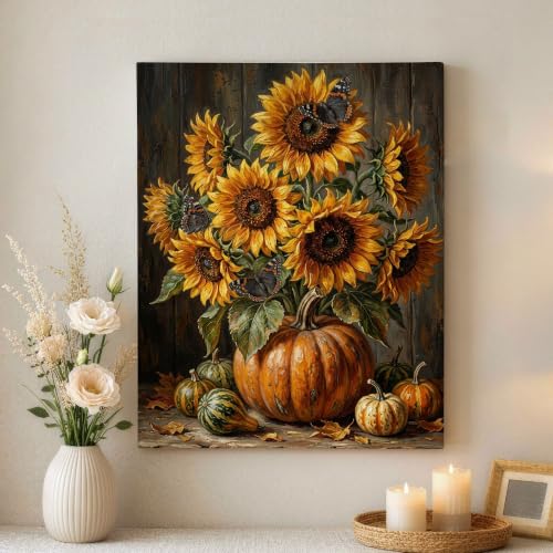 Lienzo de calabazas rústicas y hojas amarillas: cuadro decorativo de otoño