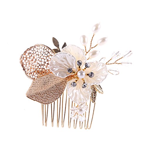 Mosichi Wedding Bridal Hair Comb Rhinestone Faux Pearls Leaf Hollow Hairpin Clip Rose Gold