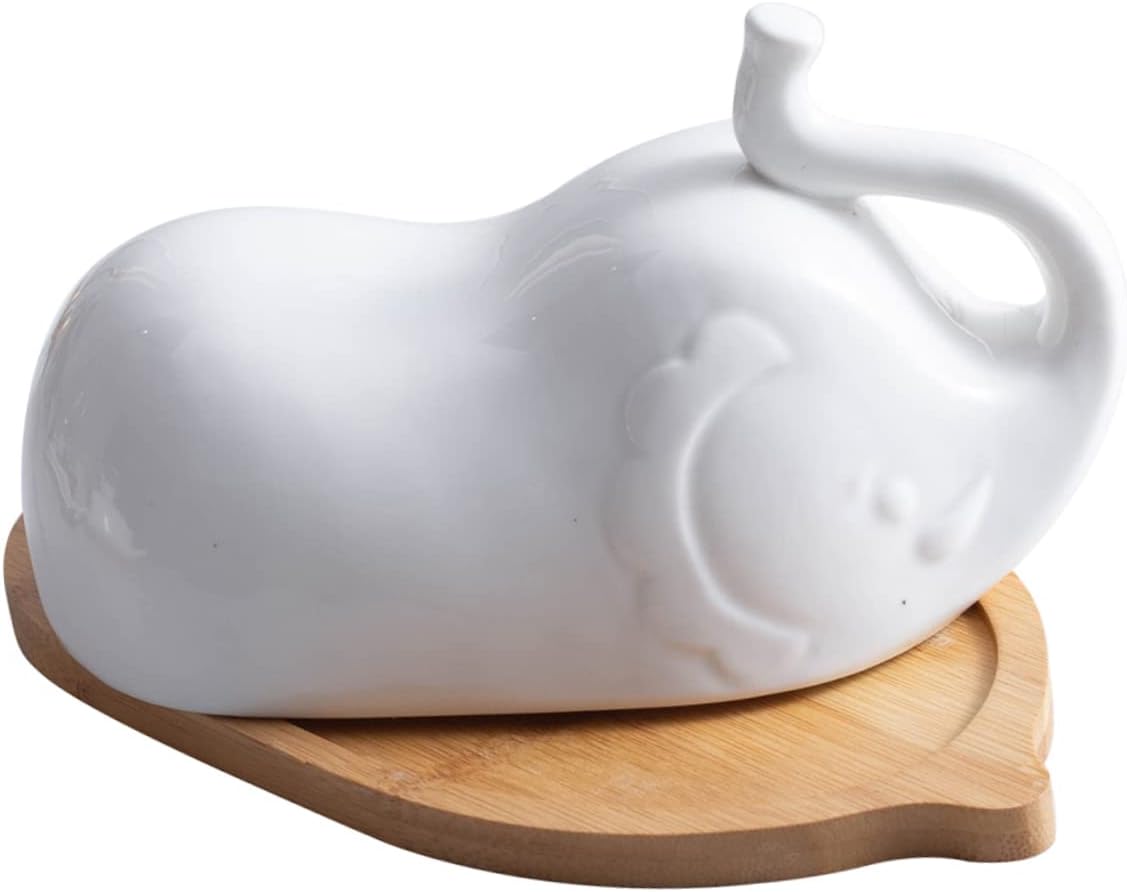 Garneck Elephant Shape Porcelain Butter Dish with Ceramic Lid and Simple Wooden Tray Microwave Safe Butter Plate for Hotel and Home Tableware Dishwasher Friendly Elegant Design for
