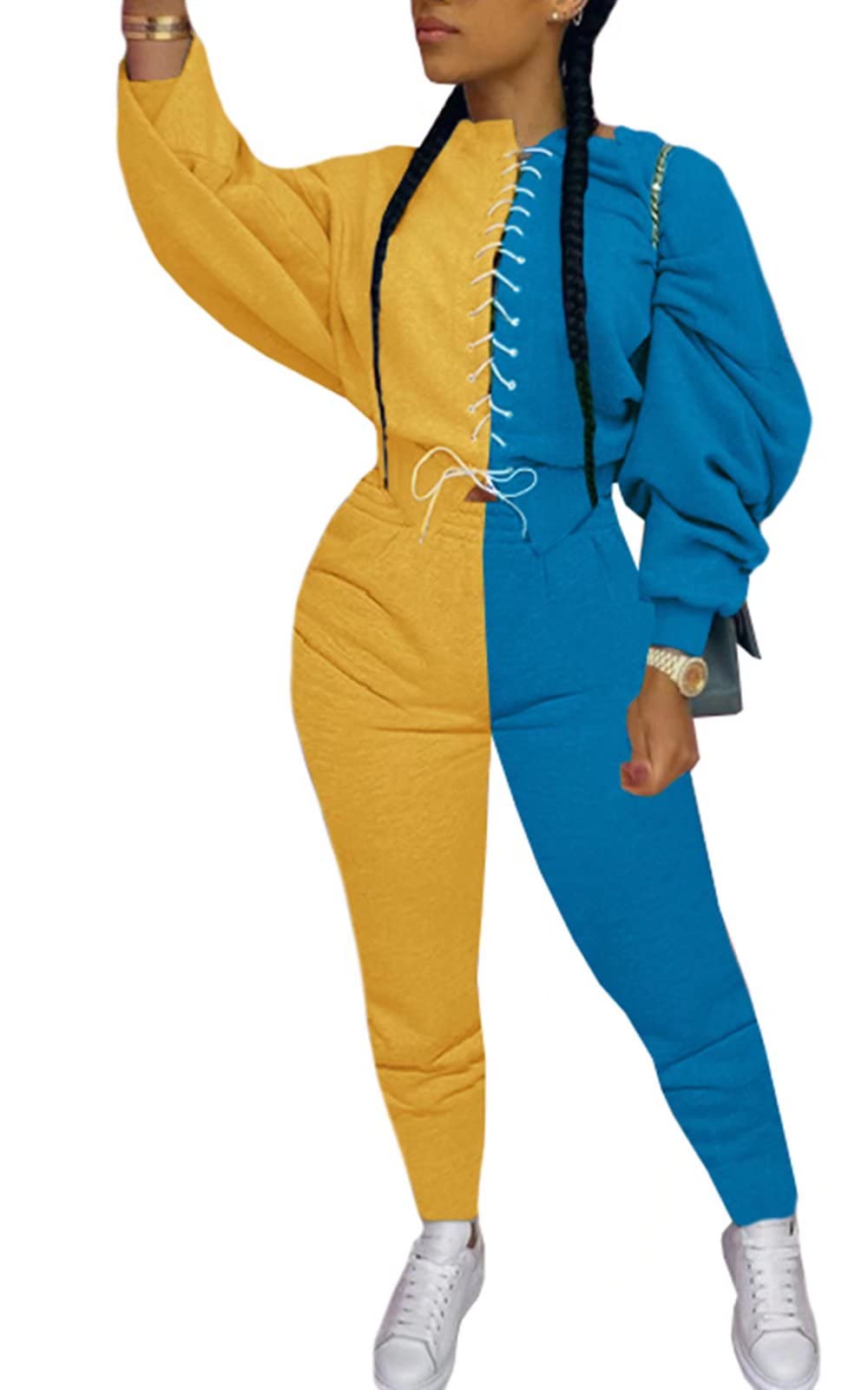 Women Sexy 2 Piece Outfits Long Sleeve Color Block Hoodies Sweatshirt Bodycon Ruched Long Pants Tracksuit Set