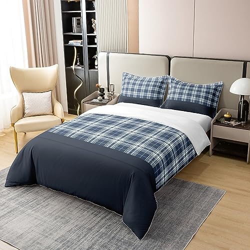 Geometric 100% Cotton Duvet Cover for Kids Boys Girls,Modern Navy Blue Checkered Bedding King,Southwest Vintage Comforter Cover,Retro Plaid Bed Sets with 2 Pillowcases for Bedroom - Image 3