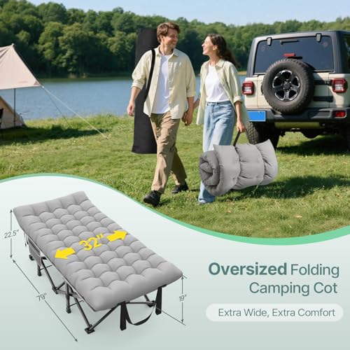 Image of Suteck 32In XXL Folding Camping Cot, 900LBS Heavy Duty Sleeping Cot with Pillow Mattress, 1200D Double-Layer Oxford Portable Cot for Adults with Carry Bag for Home Office Nap Beach Travel