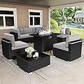 Vakollia 8 Pieces Patio Furniture Set with 44" Propane Gas Fire Pit Table, Outdoor Sectional Wicker Conversation Sofa Sets with Coffee Table