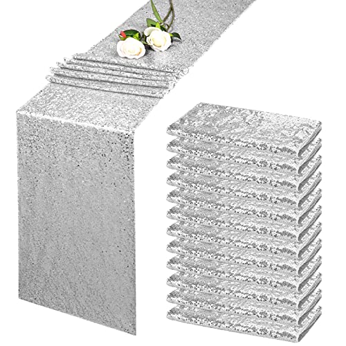 Fani 12 Pack Silver Sequin Table Runner 12 Inch X 72 Inch Sequin Table Cloth For Wedding Round Rectangle Tables Sparkle Table Covers For Party Engagement Birthday Banquet Decorations Baby Shower cover