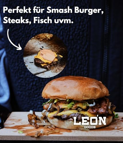 LEÓN Goods® : Grillspachtel Set mit Buchenholz-Griff [Edelstahl] Plancha Spachtel und Grillplatten Zubehör. Grill Spachtel für Smash Burger, Fisch, Steaks uvm - rostfrei. (2-TLG.)