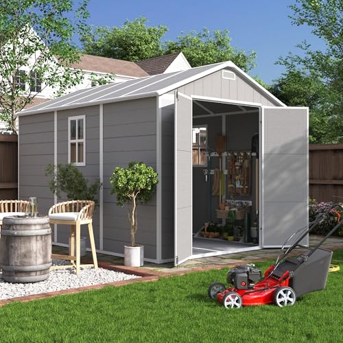 UDPATIO Resin Storage Shed 7.5x10.7 FT, Outdor Plastic Shed for Garden Tools Pool Equipment, Outside Sheds with Lockable Door for Backyard, Patio, Lawn, Grey & White