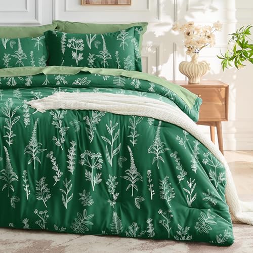 Image of MUXHOMO Emerald Green Full Comforter Set, Elegant Floral Print Bed in a Bag 7 Pieces, Ultra Soft & Breathable Reversible Botanical Pattern Bedding Set with Comforter, Sheets, Pillowcases, and Shams