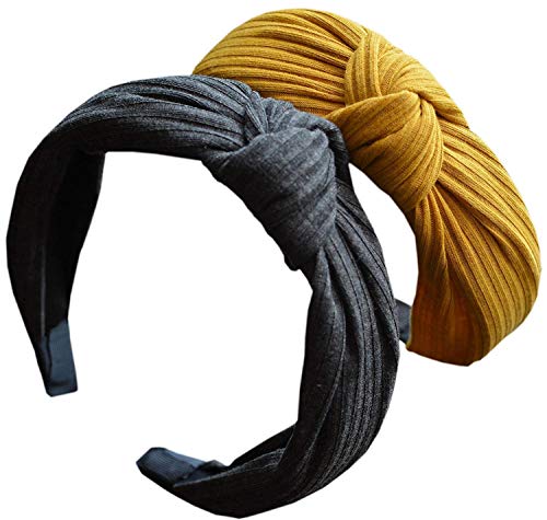 ZP3302 Wide Plain Fashion Headbands Knot Turban Headband, 2 Pack (Yellow and Dark Grey)