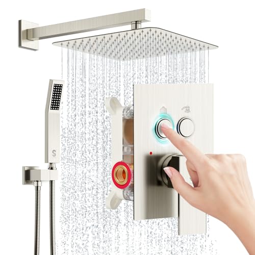 SR SUN RISE Shower System with Push Button Diverter, Wall Mounted Luxury 12 Inch Rain Shower Head with Handheld Spray, High Pressure Shower Faucet Combo Set with Rough-in Valve, Brushed Nickel