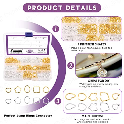 Swpeet 400Pcs Gold And Sliver 12Mm 15Mm 16Mm 18Mm 5 Styles Open Jump Rings Assortment Kit, Plum Bossom/Water Droplets/Heart/Squareiron O Rings Connectors Jewelry Findings #TOP2