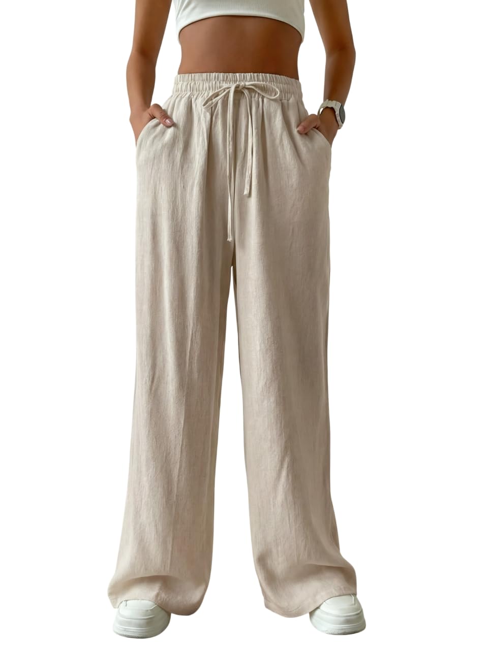 Women's Wide Leg Pants High Waisted Linen Look Textured Blend Drawstring Palazzo Trousers with Pockets Casual Relaxed Fit Flowy Soft Comfort Long Pants