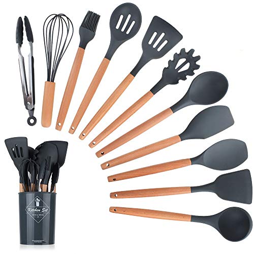 11Pcs Silicone Kitchen Utensil Set Heat Resistant Non-Stick Cooking Utensils with Wooden Handles for Commercial Restaurant and Home