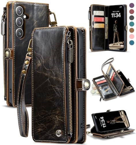 Defencase Compatible with Galaxy A54 5G Case Wallet with RFID Blocking Card Holder for Women Men, PU Leather Magnetic Snap Flip Zipper Strap Wallet Phone Case Fit for Samsung Galaxy A54 5G, Coffee