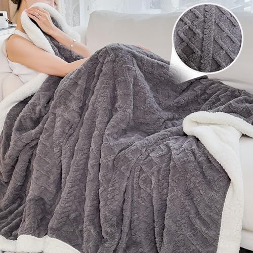 PAJEO Queen Size Reversible Sherpa Fleece Blanket, Dark Gray #TOP28