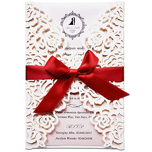 Invitaciones de boda cortadas a láser blancas con sobres de 5x7.3 pulgadas pack de 50 unidades