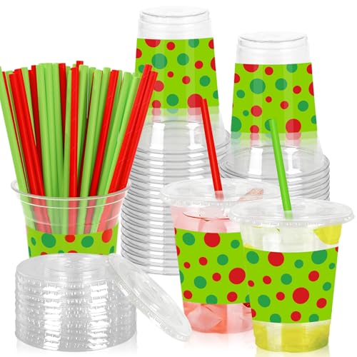 Whaline 50 Pack Green Christmas Plastic Cups with Lids Straws Red Green Polka Dot Clear Plastic Cups 12oz Holiday Disposable Cold Beverage Drinking Cup for Xmas Winter Party Supplies