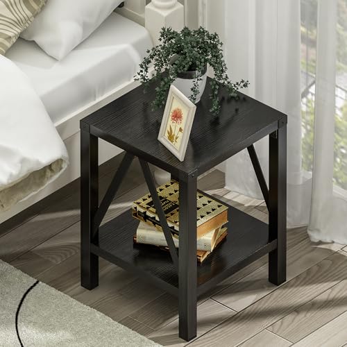 Image of Treocho Farmhouse Side Table Set of 2, Rustic Vintage Nightstand End Table with Shelf for Living Room, Bedroom, Black