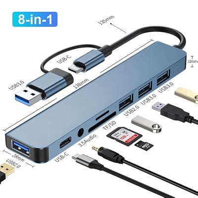 Coverzone Multiplexer Adapter 8 in 1 USB/Type-c To USB A, USB C Macbook compatible Converter Adapter Multi Port Multiplexer 8in1 USB HUB Titanium Color BYL2218TU