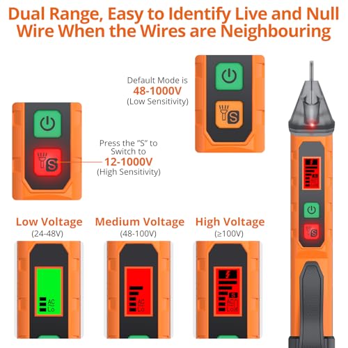 Image of Proster Non Contact Voltage Tester Pen - Adjustable AC Voltage Detector, Electric Volt Pen Tester Pen 12-1000V /48-1000V with LED Flashlight