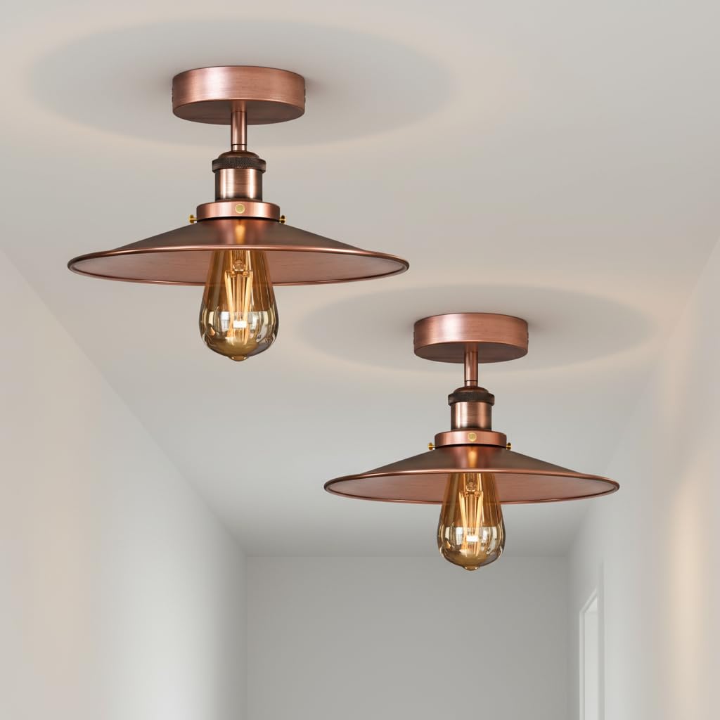 DC VOLTAGE Pack of 2 Vintage Ceiling Light Edison Semi Flush Mounted E27 Industrial 22cm Copper Light Shade Metal LED Ceiling Light Fixture for Kitchen Island,Dining Room [Energy Class A]