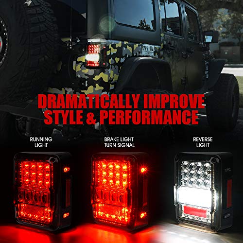 Image of Xprite 4D Smoked LED Tail Lights Compatible with 2007-2018 Jeep Wrangler JK | Signal /Brake /Reverse /Running Light, EMC Build-In, ABS housing, PMMA Lens, Waterproof, DOT Approved, Plug N Play