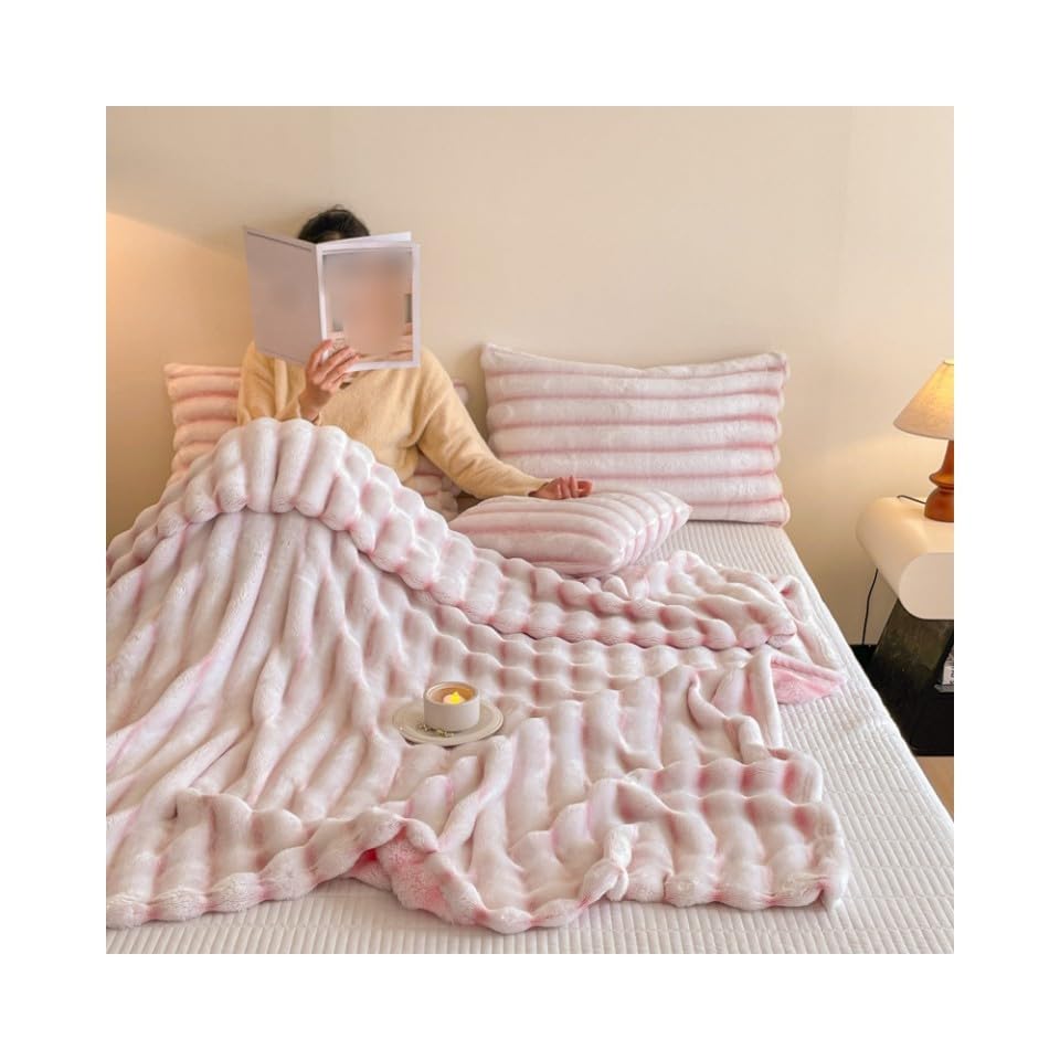 FWSHANGMAO Manta De Felpa Súper Suave Y Acogedora, Manta De Piel Sintética A Rayas, Manta Ligera, Mantas Mullidas, Mantas Cálidas para Sofá Cama, Sofá Rosa, 150 Cm X 200 Cm