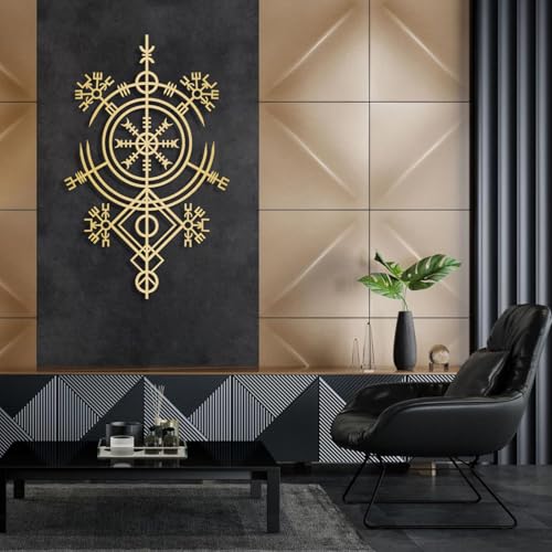 Decoración de Pared de Metal Minimalista Moderna - Vegvisir Art, Viking Decor, Extraordinary Sculpture, Wayfinder Symbols (Oro, 39x25 Pulgadas | 100x63 cm)