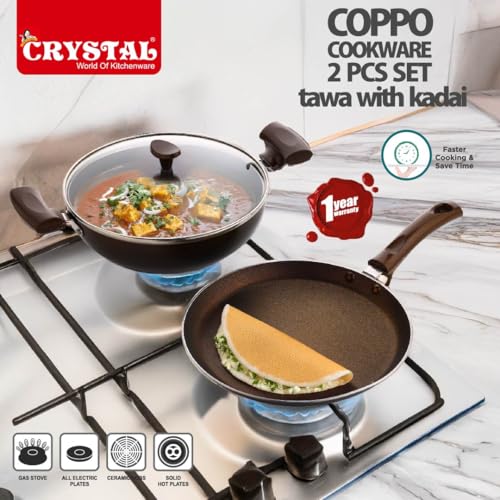 Image of Crystal Vivid Series Nonstick Cookware Set -3 Pcs | Tawa 250 mm + Kadai 240 mm + Glass Lid 240mm | Gas Stove Compatible