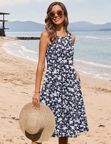 Image of HOTOUCH Summer Casual Dresses for Women Sleeveless Midi Dress Swing Tank Sundress Pleated Tshirt Dress with Pockets