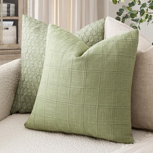 Image of Foindtower Set of 1 Decorative Linen Check Throw Pillow Cover Neutral Farmhouse Vintage Cushion Cover Modern Boho Accent Home Decor for Sofa Chair Couch Bedroom Living Room,20x20 Inch,Light Green