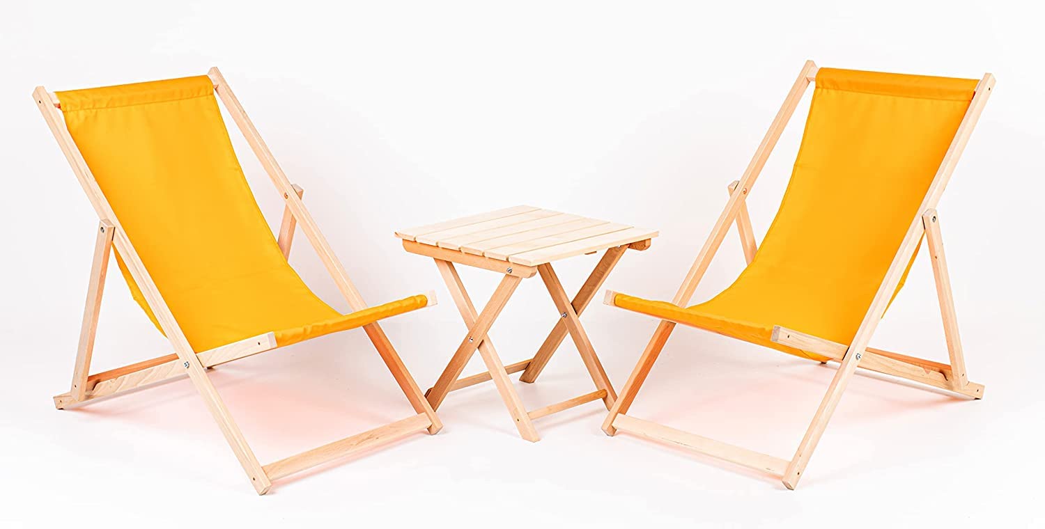 Juego de 2 tumbonas de madera y mesa modernas acolchadas de madera para jardín, patio, playa, plegable, de madera dura, color amarillo